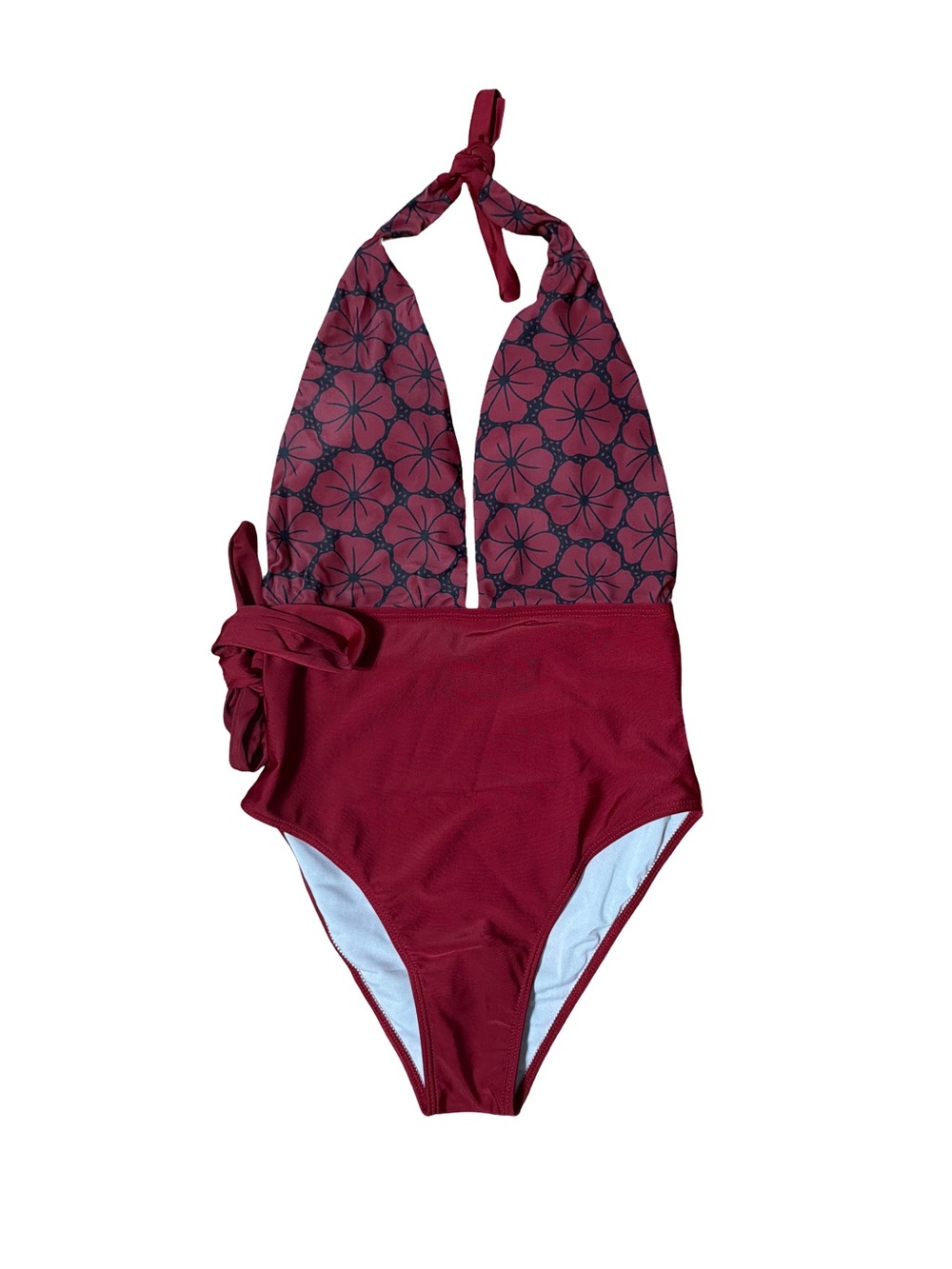 Burgundy Plunge One-Piece Swimsuit Floral Halter